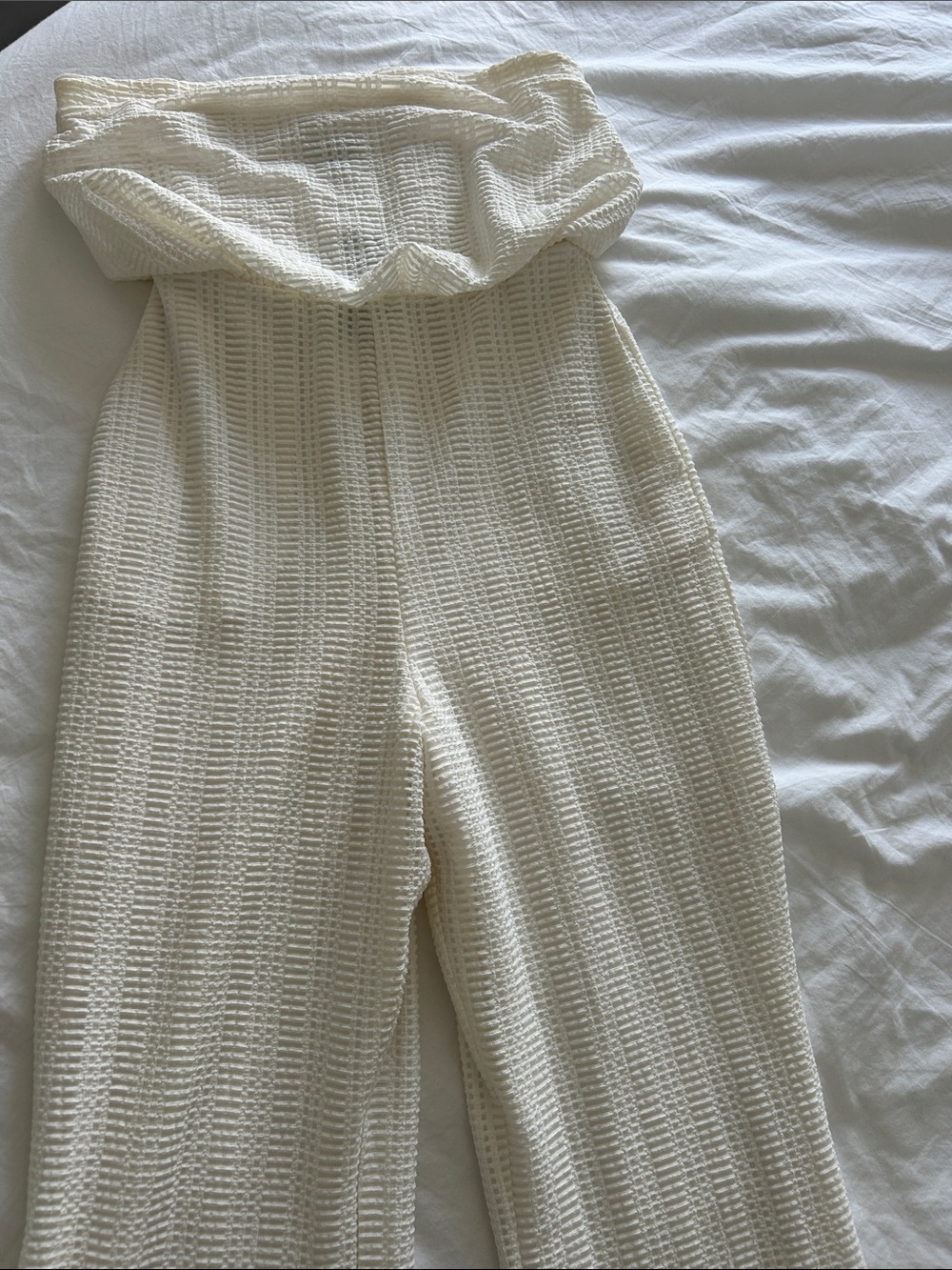 Express Cream Strapless Textured Jumpsuit